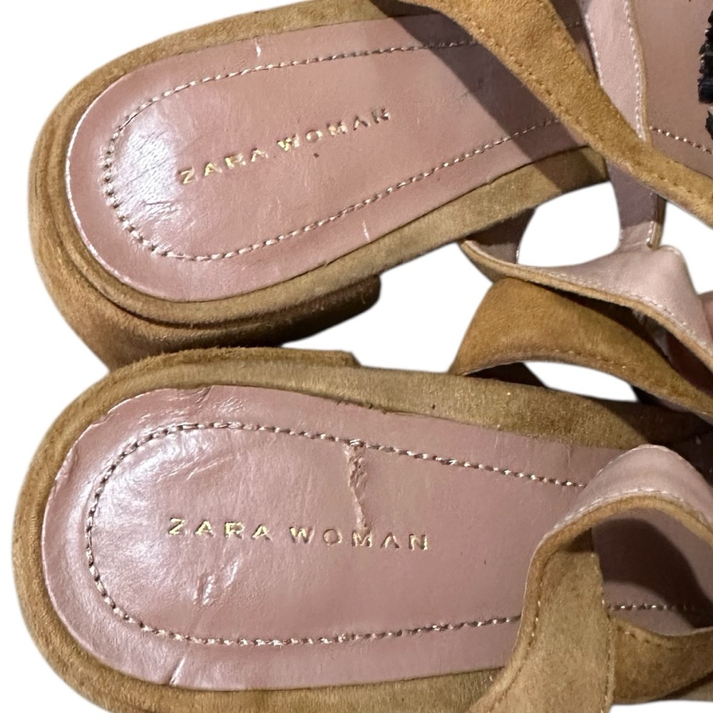 Zara Pom Pom Suede Sandals Tan with Black and Tan Raffia Pom Pom Design Size 7.5 - Picture 5 of 7